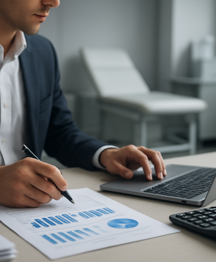 Profissional de contabilidade analisando as novidades do FGTS em ambiente corporativo da saúde