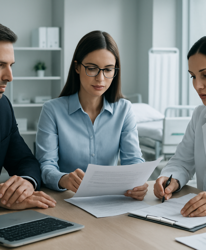 Empresário e contadora analisando contratar PJ em uma clínica