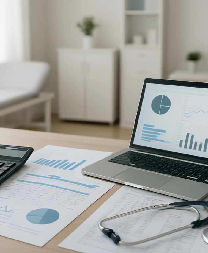 Contabilidade para clínicas em ambiente profissional de saúde com relatórios e organização financeira.